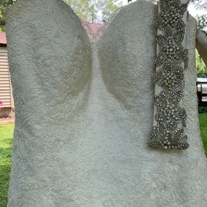 wedding dress, veil, & beaded belt